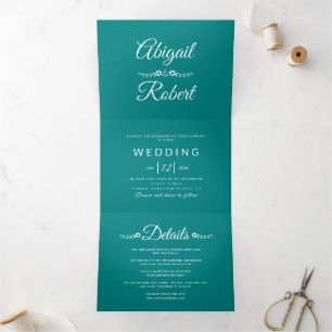 Modern white typography teal blue photo wedding Tri-Fold invitation