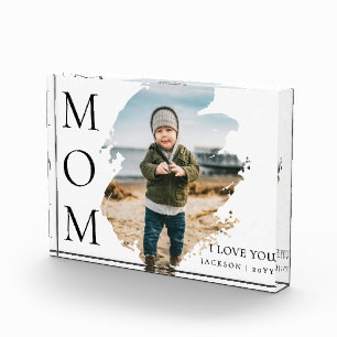 Modern White Unique Brushstroke  I Love You Mom Photo Block
