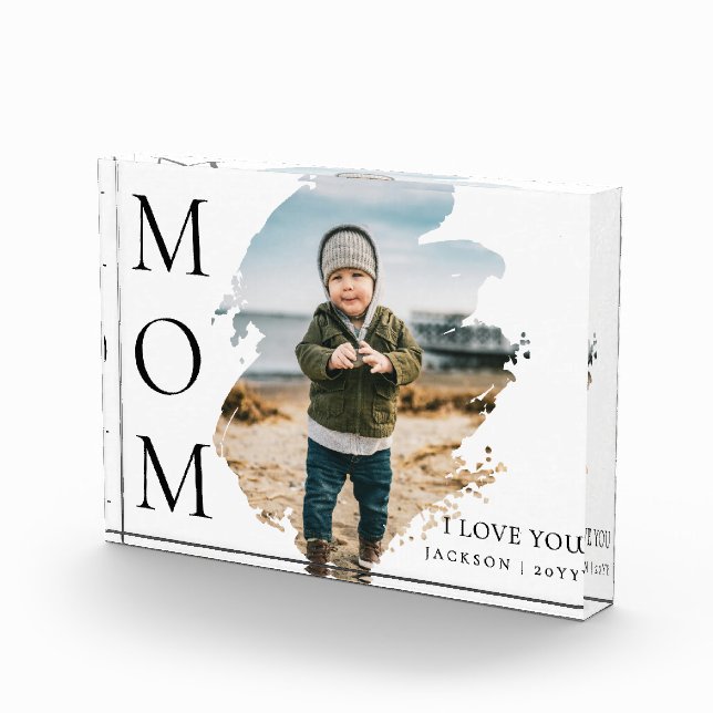 Modern White Unique Brushstroke  I Love You Mom Photo Block (Right)