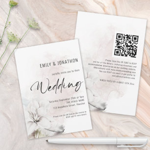 Modern White Watercolor Florals QR Code Wedding Invitation