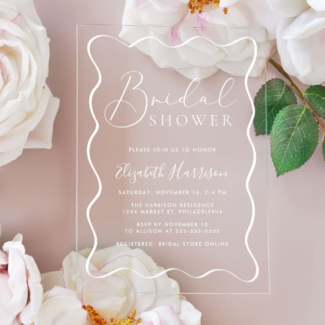 Modern White Wavy Frame Bridal Shower Acrylic Invitations (Creator Uploaded)