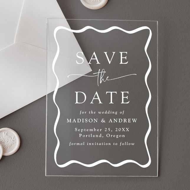 Modern White Wavy Frame Wedding Save the Date Acrylic Invitations (Creator Uploaded)