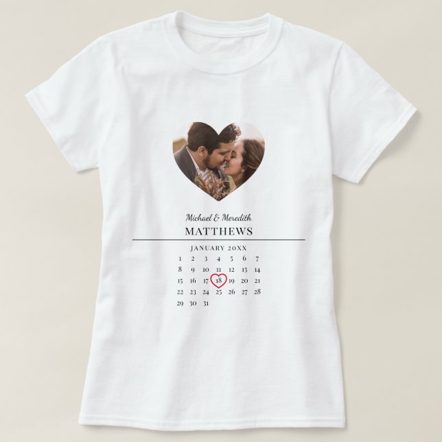 Modern White Wedding Calendar Newly Weds T-Shirt (Design Front)