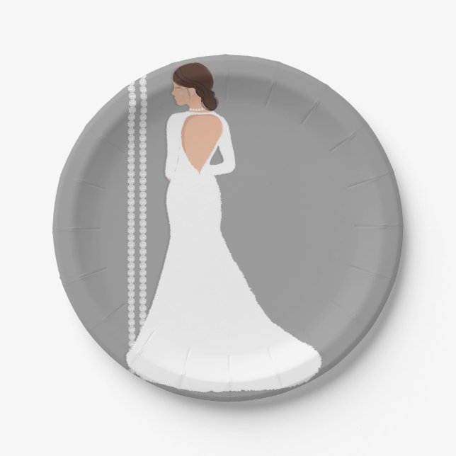 Modern White Wedding Dress Bling Bridal Shower Paper Plate (Front)