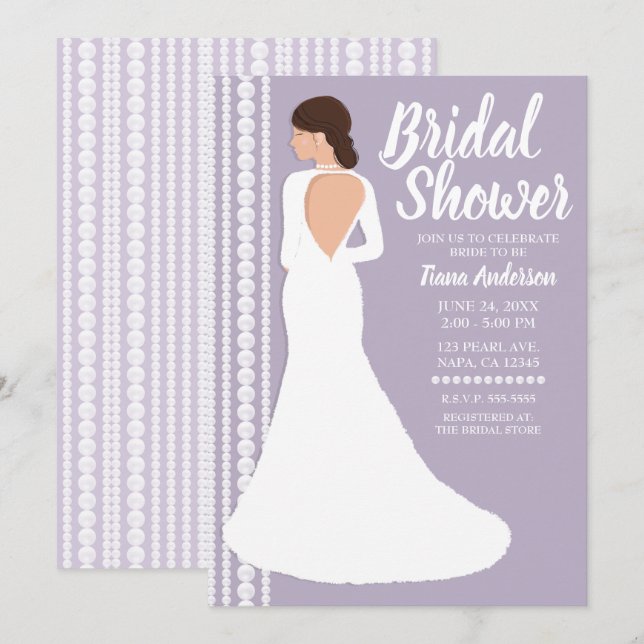 Modern White Wedding Dress & Pearls Bridal Shower Invitation (Front/Back)