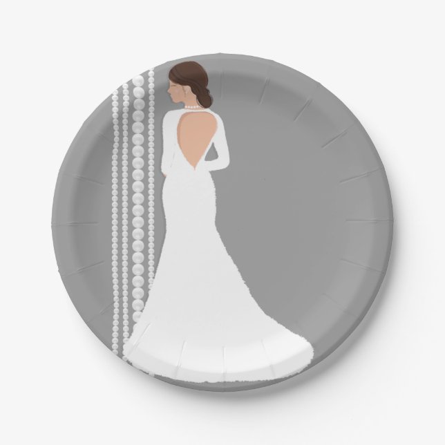 Modern White Wedding Dress & Pearls Bridal Shower Paper Plate (Front)