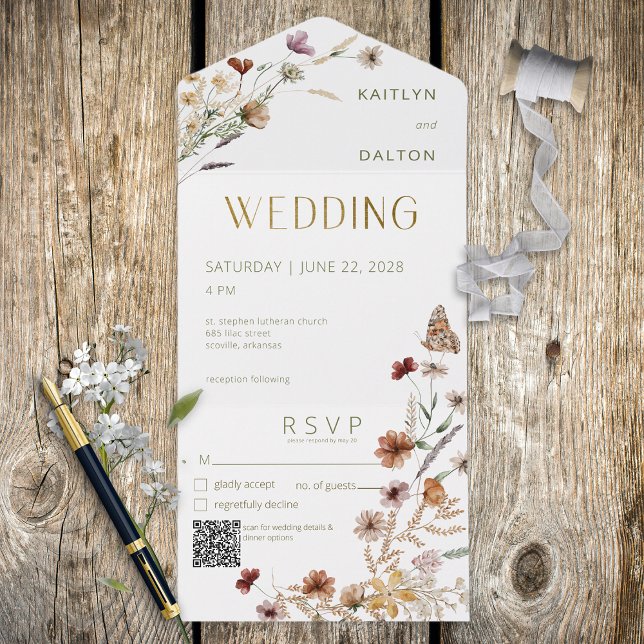 Modern White Wildflower Bouquet QR Code All In One Invitation (Creator Uploaded)