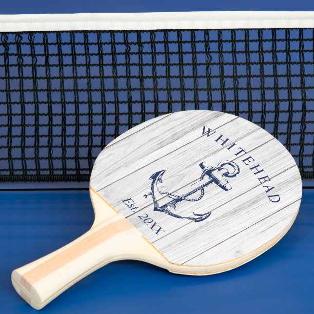 Modern White Wood Anchor Monogram Navy Ping Pong Paddle (Insitu)