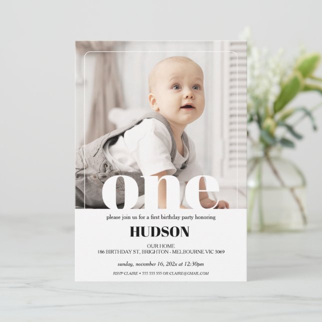 Modern White Word Photo 1st Birthday Invitation (Standing Front)