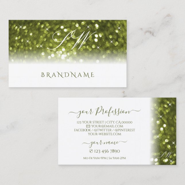 Modern White Yellow Green Sparkle Glitter Monogram Business Card (Front/Back)