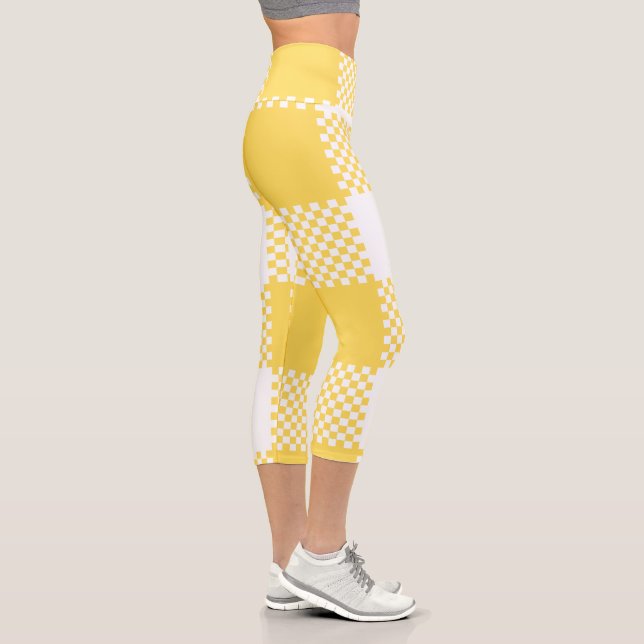Modern White & Yellow Plaid  Capri Leggings (Right)