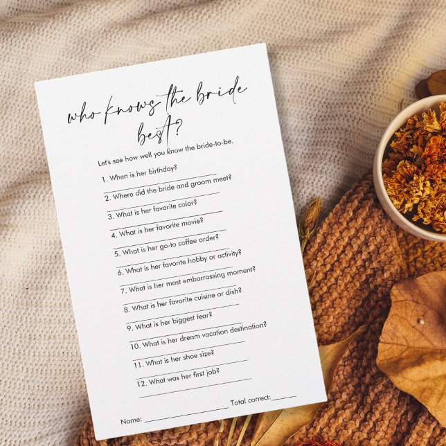 Modern Who Knows the Bride Best Bridal Shower Game (modern minimalist black and white "who knows the bride best" bridal shower game)