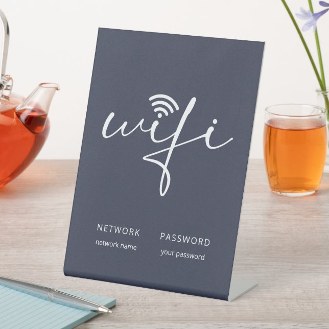 Modern WiFi Script Network Password Grey Blue Pedestal Sign (In SItu)