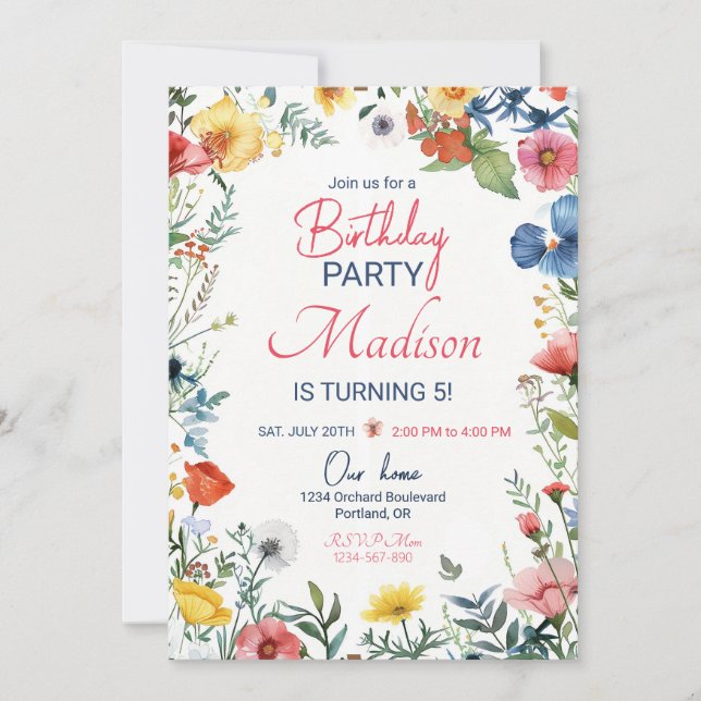 Modern wild flower birthday invitation Boho floral (Front)