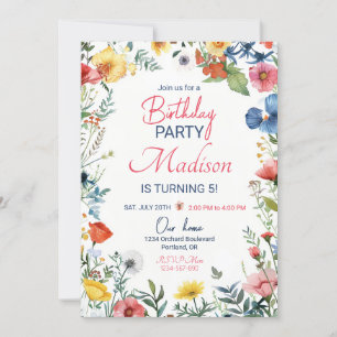 Modern wild flower birthday invitation Boho floral