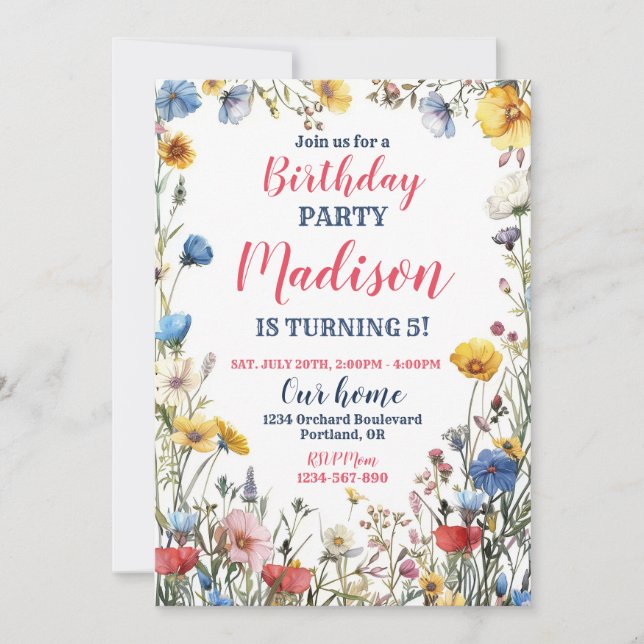 Modern wild flower birthday invitation Boho floral (Front)