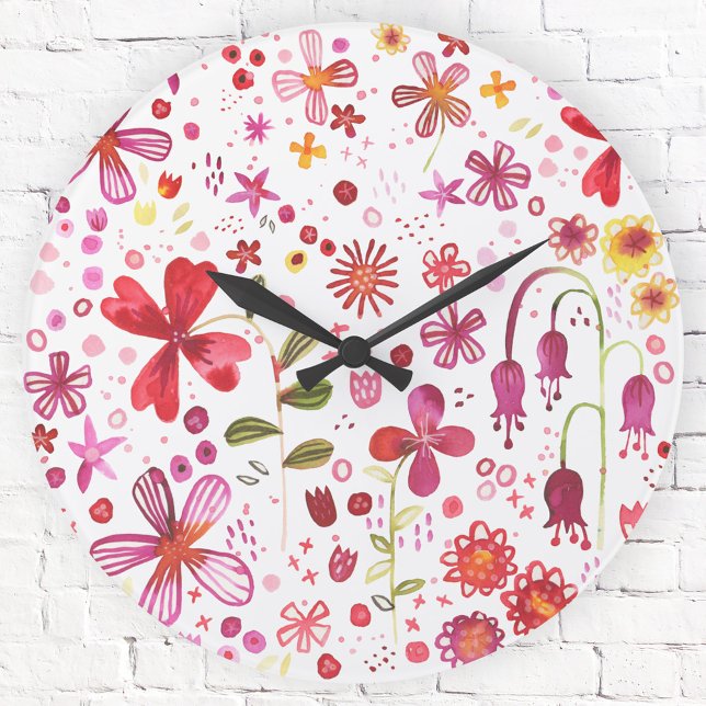 Modern Wild Flower Watercolor Large Clock (Modern floral watercolor pink, red and white art wall clock)
