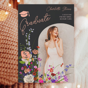 Modern wild flowers script photo dark graduation  announcement