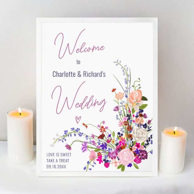 Modern wild flowers script wedding welcome poster (Modern wild flowers script wedding welcome poster)
