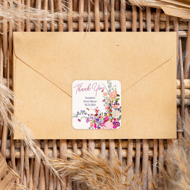 Modern wild flowers thank you bridal shower square sticker (Modern wild flowers thank you bridal shower square sticker)