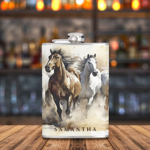 Modern Wild Mustang Horses Equestrian Watercolor Hip Flask