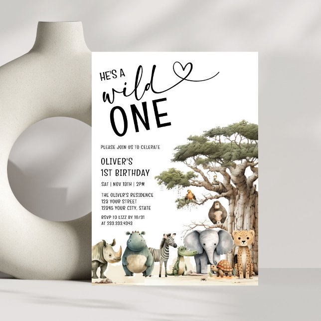 Modern Wild One Safari Jungle Boy 1st Birthday Invitation (Creator Uploaded)