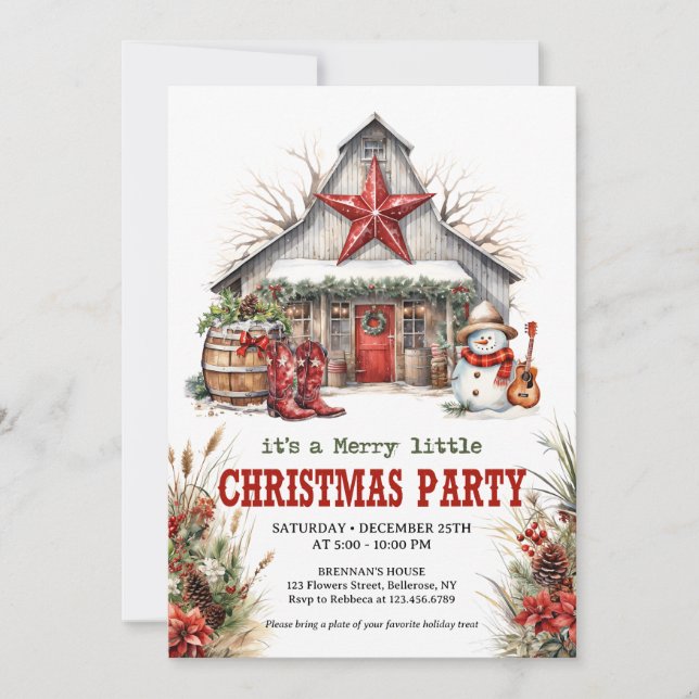 Modern wild west winter barn cowboy boots invitation (Front)