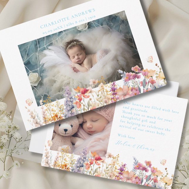 Modern, Wildflower, 2 Photo New Baby Thank You  (Modern, Wildflower, 2 Photo New Baby Thank You Card. For Baby Boy.)