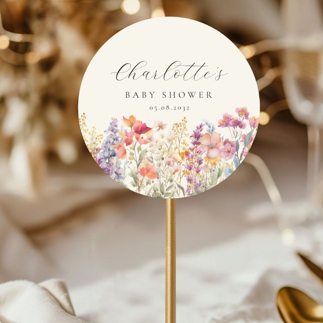 Modern, Wildflower Baby Shower  Classic Round Sticker (Personalized, Modern, Colorful, Wildflower Baby Shower Classic Round Sticker with your name & date.)