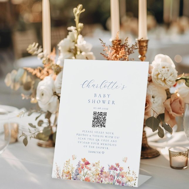 Modern, Wildflower, Baby Shower, QR Code Pedestal Sign (Creator Uploaded)