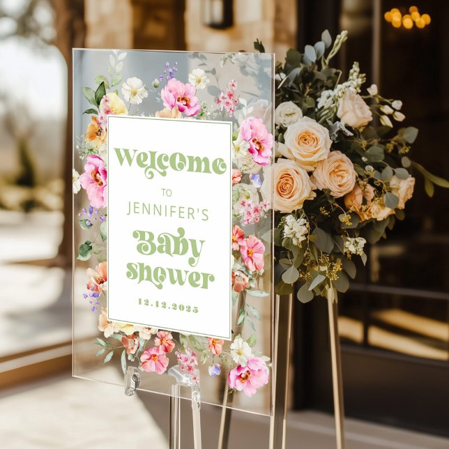 Modern Wildflower Baby shower Welcome Acrylic Sign (Creator Uploaded)