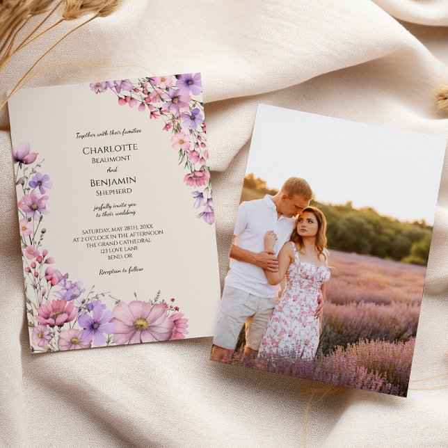 Modern Wildflower Beige Photo Wedding Invitation (Creator Uploaded)