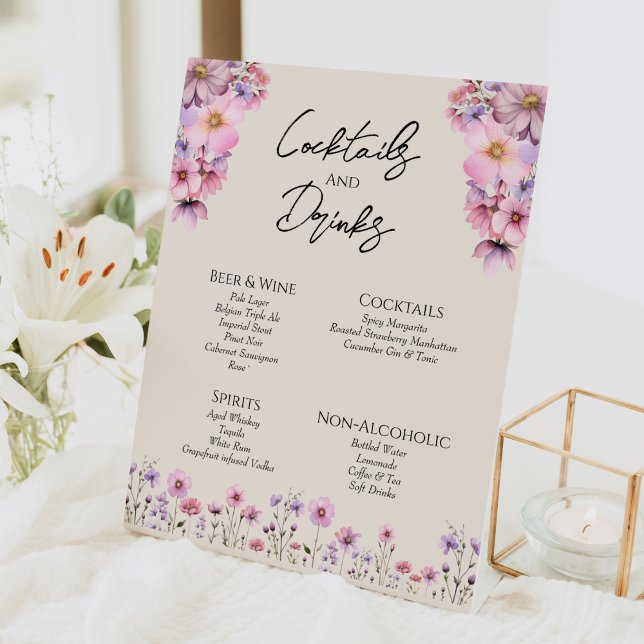 Modern Wildflower Beige Wedding Drinks Bar Sign (Creator Uploaded)