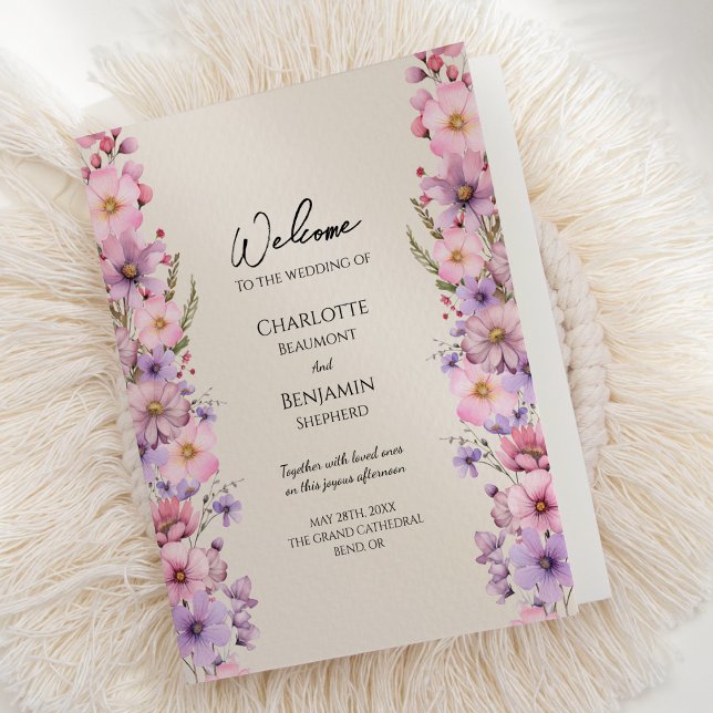 Modern Wildflower Beige Wedding Folded Programme (Creator Uploaded)