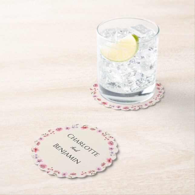 Modern Wildflower Beige Wedding Paper Coaster (Insitu)