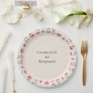 Modern Wildflower Beige Wedding Paper Plate