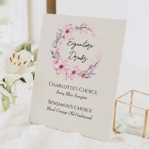 Modern Wildflower Beige Wedding Signature Drinks Pedestal Sign