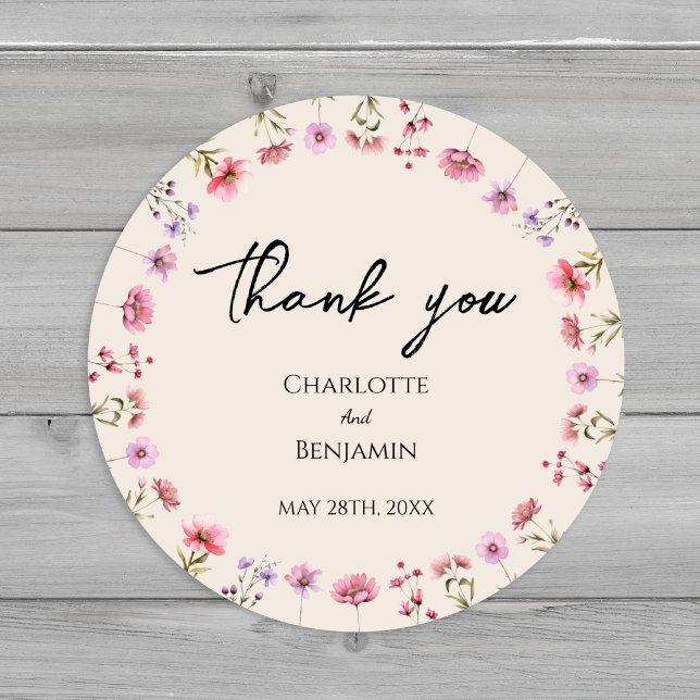 Modern Wildflower Beige Wedding Thank You Classic Round Sticker (Creator Uploaded)