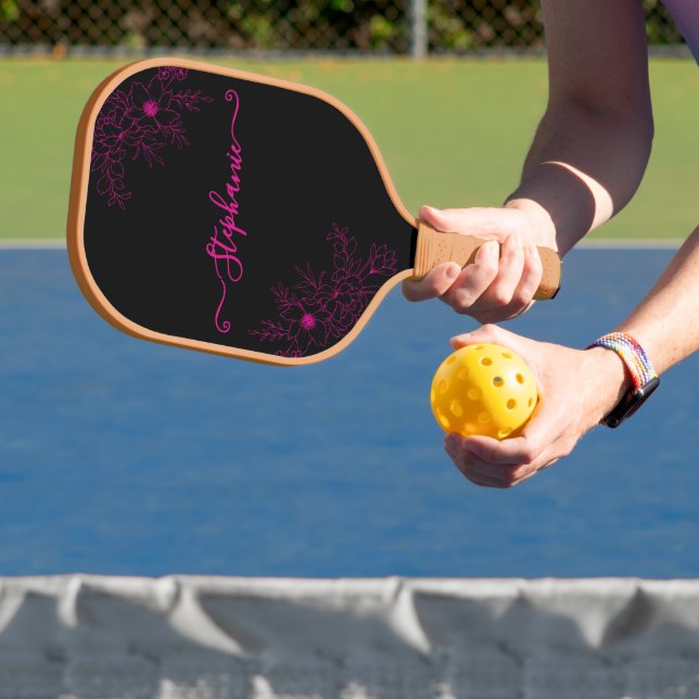 Modern Wildflower Black Pink Script Name Floral  Pickleball Paddle (Insitu)