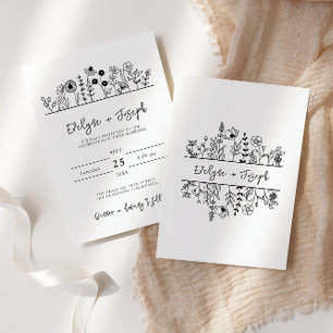 Modern Wildflower Black White Boho Unique Wedding Invitation