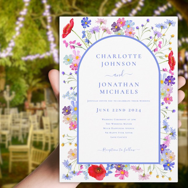 Modern Wildflower Bllue Arch Invitation (Modern colorful wildflower blue arch wedding invitation elegant typography summer watercolor florals)