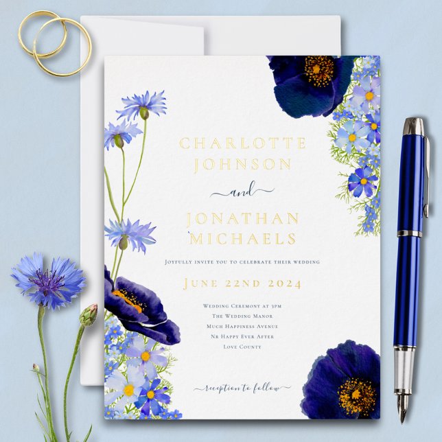 Modern Wildflower Blue and Gold Foil Invitation Postcard (Boho chic blue wildflower floral gold foil wedding invitation postcard )