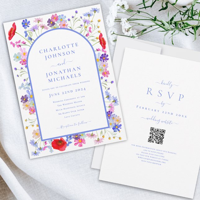 Modern Wildflower Blue Arch Website QR Code Invitation (Modern colorful wildflower blue arch wedding invitation with wedding website qr code)