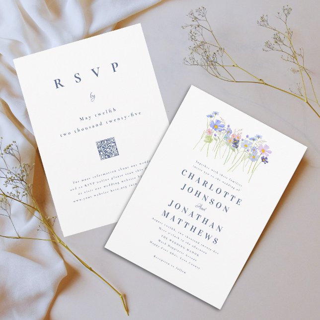 Modern Wildflower Blue Pink Floral Wedding QR Code Invitation (Boho chic wildflower meadow blue and pink watercolor floral wedding qr code invitation)