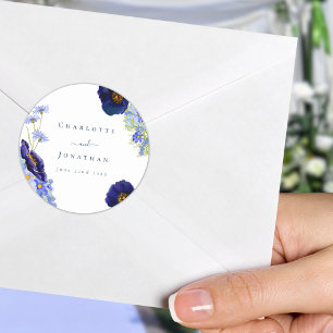 Modern Wildflower Blue Wedding Classic Round Sticker