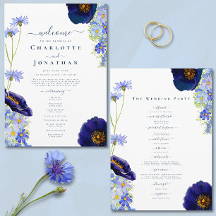 Modern Wildflower Blue Wedding Day Programme