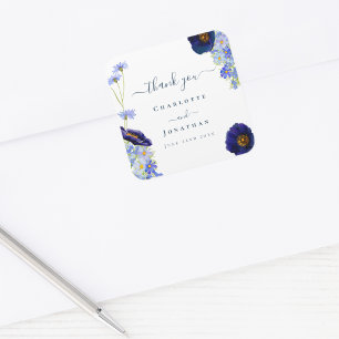 Modern Wildflower Blue Wedding Thank You Square Sticker