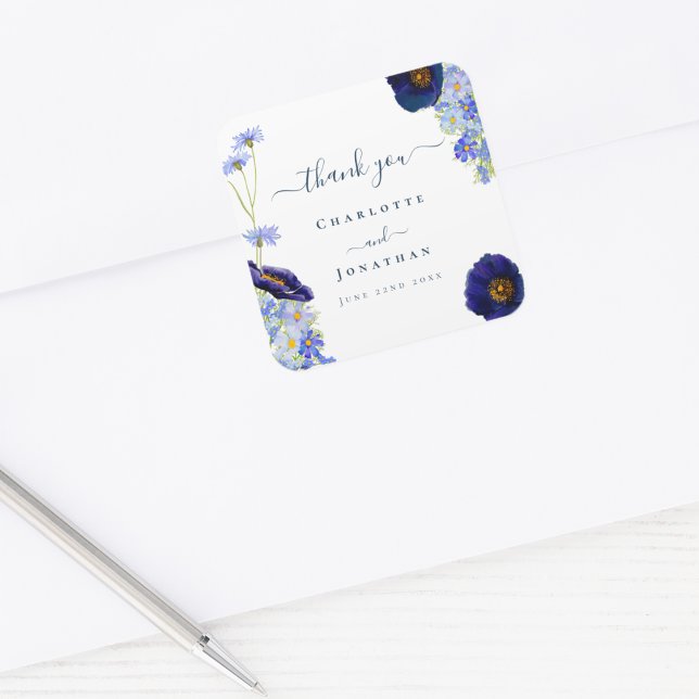 Modern Wildflower Blue Wedding Thank You Square Sticker (Wildflower blue wedding thank you sticker, easy to personalize)
