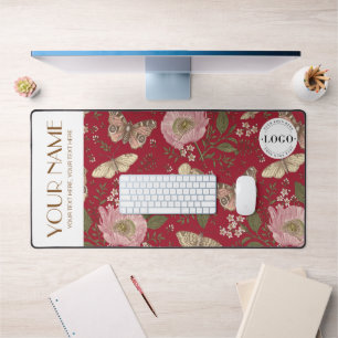 Modern Wildflower Botanical Red Floral Monogram Desk Mat