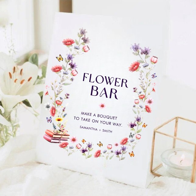 Modern Wildflower Bridal Shower Flower Bar Pedestal Sign (Modern wildflower bridal shower flower bar sign with watercolor florals and boho charm.)